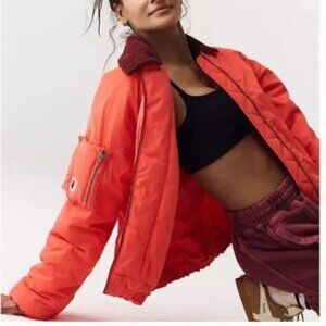 FREE PEOPLE Movement XS Outpost Bomber Jacket Removable‎ Collar in Cherry Tomato